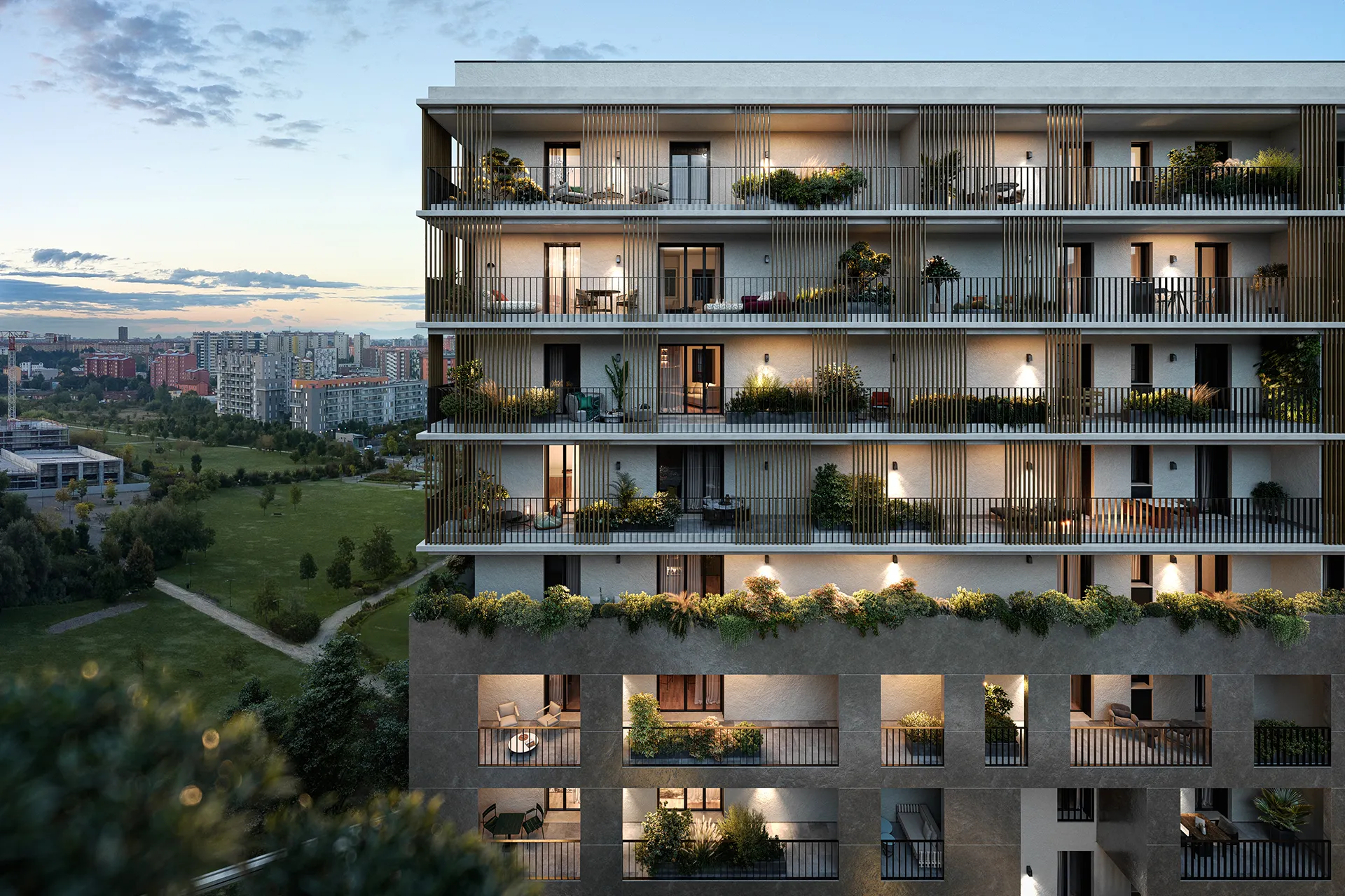 Complesso residenziale moderno e green a Milano. Ampi balconi e vista panoramica. Design architettonico contemporaneo